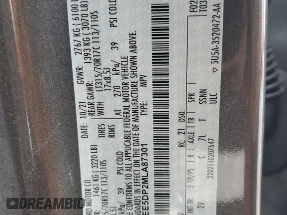 2021 Ford Bronco with VIN 1FMEE5DP2MLA87301, listed as a Copart auction lot 60791335 with 37,296 mi miles and Salvage title. Bid and sale history available at DreamBid. Image 13.