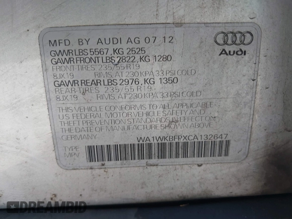 2012 Audi Q5 Prestige с VIN WA1WKBFPXCA132647, выставлен на аукционе IAAI как лот 42286583 с пробегом 226 394 миль миль и . История ставок и продаж доступна на DreamBid. Изображение 9.