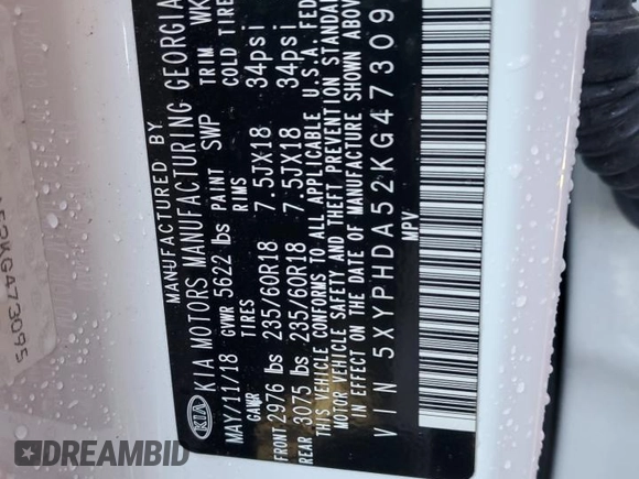 2019 Kia Sorento EX with VIN 5XYPHDA52KG473095, listed as a Copart auction lot 45869305 with 80,130 mi miles and Clean Title. Bid and sale history available at DreamBid. Image 13.