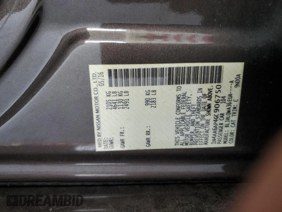 2016 Nissan Maxima SL with VIN 1N4AA6AP4GC906750, listed as a Copart auction lot 60691725 with 104,994 mi miles and Salvage title. Bid and sale history available at DreamBid. Image 13.