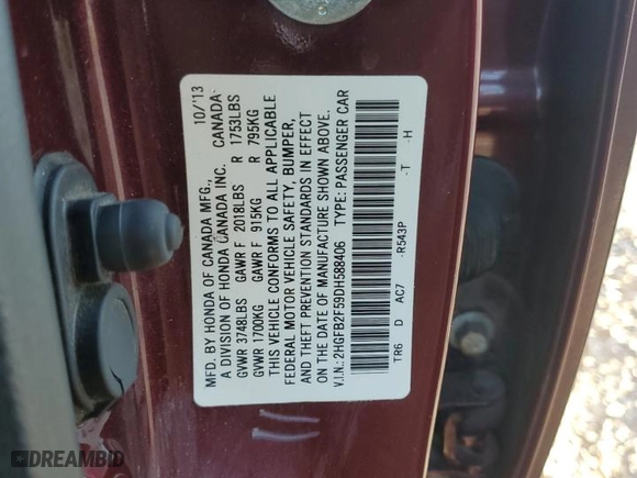 2013 Honda Civic Sdn LX with VIN 2HGFB2F59DH588406, listed as a Copart auction lot 85868884 with 124,929 mi miles and Salvage Title. Bid and sale history available at carsss.com. Image 13.