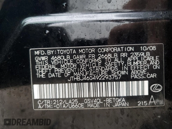 2009 Lexus ES with VIN JTHBJ46G492293757, listed as a Copart auction lot 53631575 with 122,293 mi miles and Non Repairable. Bid and sale history available at carsss.com. Image 12.