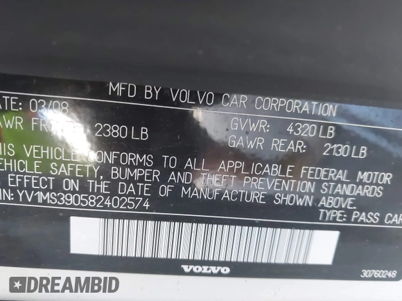 2008 Volvo S40 2.4L with VIN YV1MS390582402574, listed as a IAAI auction lot 42149535 with 298,103 mi miles. Bid and sale history available at carsss.com. Image 9.