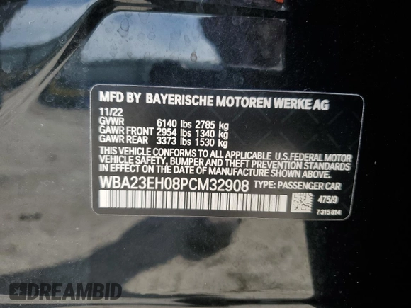 2023 BMW 7 Series 740i with VIN WBA23EH08PCM32908, listed as a Copart auction lot 59144245 with Not provided miles and Non repairable. Bid and sale history available at DreamBid. Image 12.