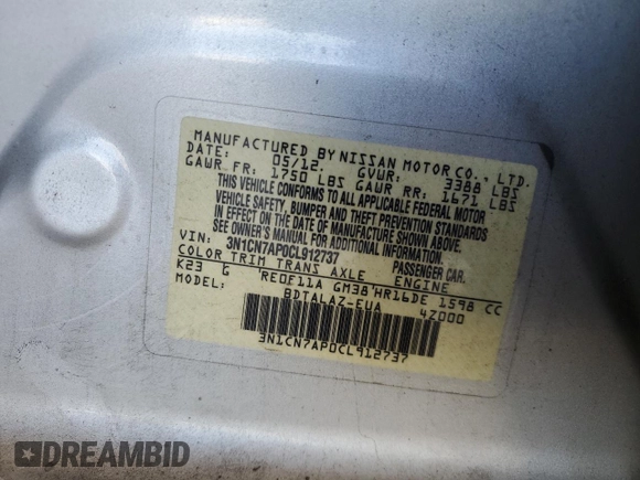2012 Nissan Versa S with VIN 3N1CN7AP0CL912737, listed as a Copart auction lot 43459245 with 108,262 mi miles and Salvage Title. Bid and sale history available at carsss.com. Image 14.