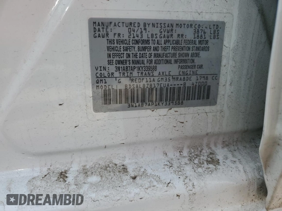 2019 Nissan Sentra S with VIN 3N1AB7AP1KY339588, listed as a Copart auction lot 51658815 with 91,338 mi miles and Salvage title. Bid and sale history available at DreamBid. Image 15.