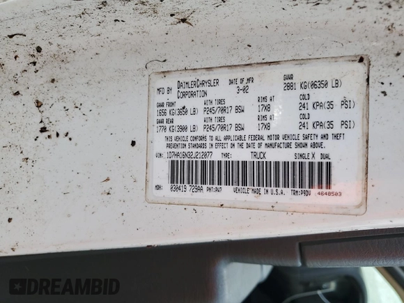 2002 Dodge 1500 z VIN 1D7HA16N32J212077, wystawiony jako Copart lot #57434565 z przebiegiem Nie podano mil oraz Czysty tytuł • Clean title. Historia ofert i sprzedaży dostępna na DreamBid. Obrazek 12.