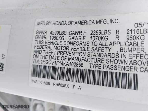 2019 Honda Accord Sedan LX 1.5T with VIN 1HGCV1F14KA102856, listed as a IAAI auction lot 41564120 with 60,356 mi miles. Bid and sale history available at carsss.com. Image 9.