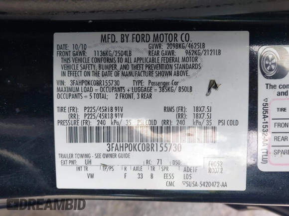 2011 Ford Fusion SPORT with VIN 3FAHP0KC0BR155730, listed as a IAAI auction lot 41926014 with 183,390 mi miles. Bid and sale history available at carsss.com. Image 9.
