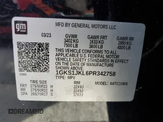 2023 GMC Yukon XL Denali with VIN 1GKS1JKL6PR342758, listed as a Copart auction lot 87909695 with 48,188 mi miles and Clean Title. Bid and sale history available at carsss.com. Image 13.