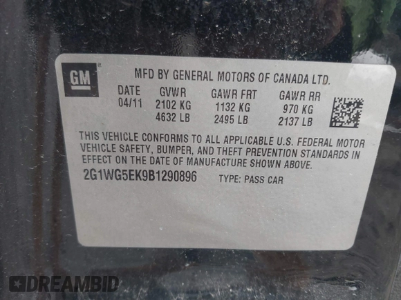 2011 Chevrolet Impala with VIN 2G1WG5EK9B1290896, listed as a IAAI auction lot 42001589 with 98,740 mi miles and . Bid and sale history available at DreamBid. Image 9.