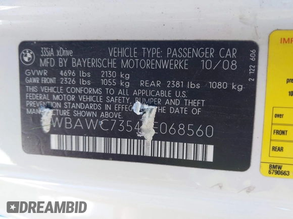 2009 BMW 3 Series 335i xDrive with VIN WBAWC73549E068560, listed as a IAAI auction lot 41553786 with Not provided miles and . Bid and sale history available at DreamBid. Image 9.