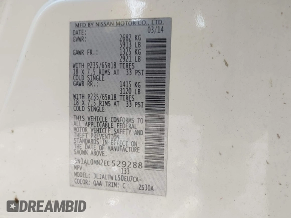 2014 Infiniti QX60 with VIN 5N1AL0MN2EC529288, listed as a IAAI auction lot 42137101 with 147,472 mi miles. Bid and sale history available at carsss.com. Image 9.