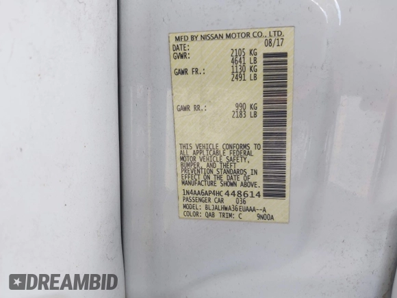 2017 Nissan Maxima SV with VIN 1N4AA6AP4HC448614, listed as a IAAI auction lot 40740658 with 207,596 mi miles and . Bid and sale history available at DreamBid. Image 9.