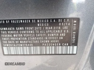2014 Volkswagen Jetta S z VIN 3VW2K7AJ7EM275448, wystawiony jako IAAI lot #41835358 z przebiegiem 149 272 mil mil oraz . Historia ofert i sprzedaży dostępna na DreamBid. Obrazek 9.
