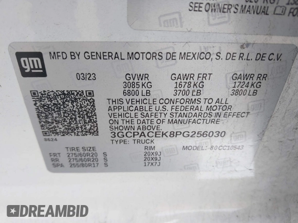 2023 Chevrolet Silverado 1500 LT with VIN 3GCPACEK8PG256030, listed as a IAAI auction lot 41621185 with 76,893 mi miles and . Bid and sale history available at DreamBid. Image 9.
