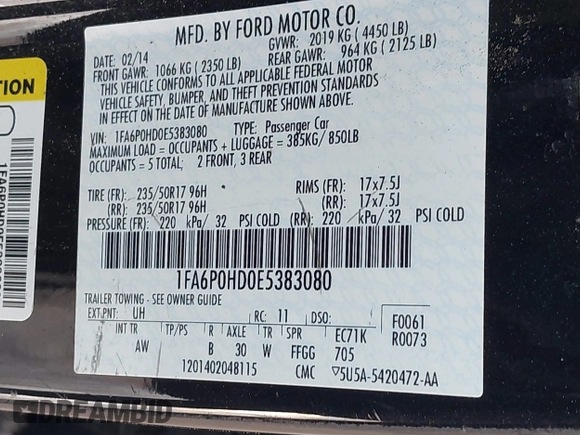 2014 Ford Fusion SE with VIN 1FA6P0HD0E5383080, listed as a IAAI auction lot 41655608 with 159,854 mi miles and . Bid and sale history available at DreamBid. Image 9.