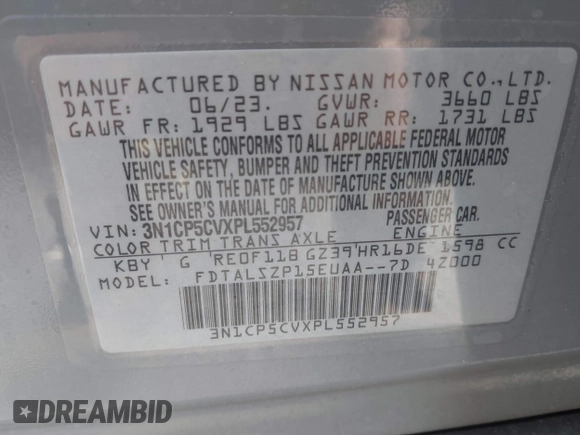 2023 Nissan Kicks SV with VIN 3N1CP5CVXPL552957, listed as a IAAI auction lot 42264347 with 29,463 mi miles and . Bid and sale history available at DreamBid. Image 9.