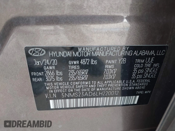 2020 Hyundai Santa Fe SE with VIN 5NMS23AD6LH220012, listed as a IAAI auction lot 42317046 with 141,055 mi miles and . Bid and sale history available at DreamBid. Image 9.