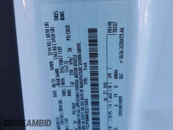 2021 Ford F-150 XL with VIN 1FTMF1CP5MKE21303, listed as a Copart auction lot 56406605 with 93,906 mi miles and Salvage title. Bid and sale history available at DreamBid. Image 12.