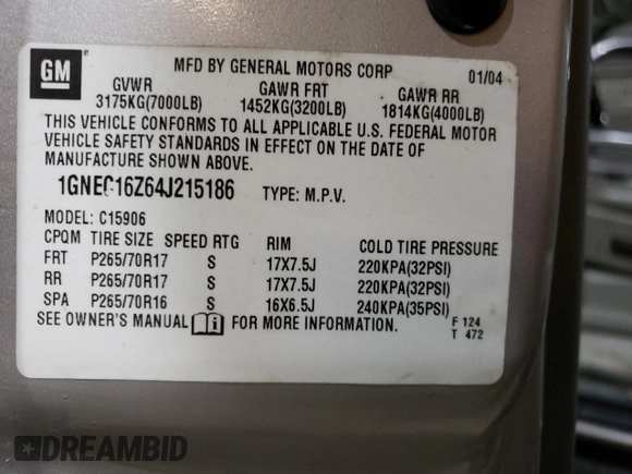 2004 Chevrolet Suburban LT with VIN 1GNEC16Z64J215186, listed as a Copart auction lot 70231654 with 176,686 mi miles and Salvage Title. Bid and sale history available at carsss.com. Image 14.