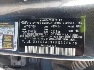2019 Kia Optima LX with VIN 5XXGT4L3XKG376676, listed as a IAAI auction lot 41679981 with 57,211 mi miles. Bid and sale history available at carsss.com. Image 9.