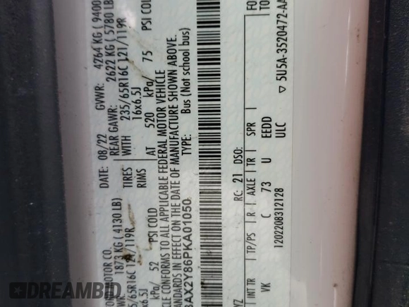 2023 Ford Transit Passenger XL с VIN 1FBAX2Y86PKA01050, выставлен на аукционе Copart как лот 55808515 с пробегом 76 244 миль миль и Списание • Salvage title. История ставок и продаж доступна на DreamBid. Изображение 13.