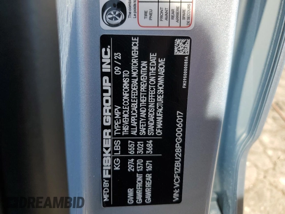 2023 Fisker Ocean One z VIN VCF1ZBU28PG006017, wystawiony jako Copart lot #68742314 z przebiegiem 4598 mil mil oraz Szkody całkowita. Historia ofert i sprzedaży dostępna na DreamBid. Obrazek 14.