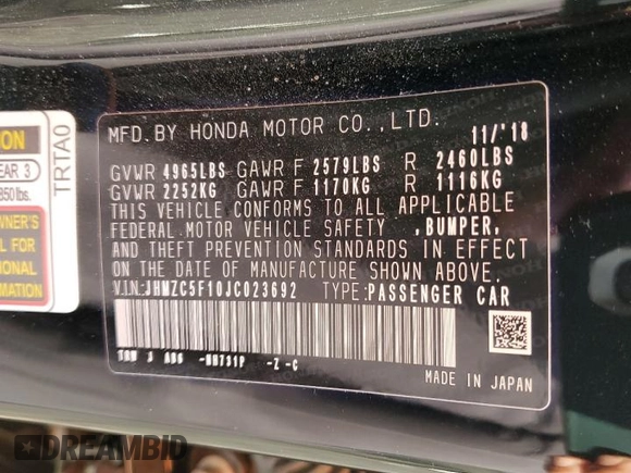 2018 Honda Clarity Plug-In Hybrid with VIN JHMZC5F10JC023692, listed as a Copart auction lot 69763343 with 28,791 mi miles. Bid and sale history available at carsss.com. Image 14.