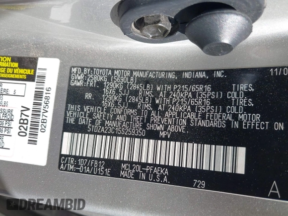 2005 Toyota Sienna CE with VIN 5TDZA23C15S259350, listed as a IAAI auction lot 42224523 with 223,281 mi miles and . Bid and sale history available at DreamBid. Image 9.