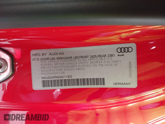2016 Audi A5 Premium with VIN WAUD2AFR6GA011402, listed as a IAAI auction lot 42229968 with 63,365 mi miles and . Bid and sale history available at DreamBid. Image 9.