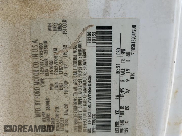 1998 Ford F-150 XL with VIN 1FTRX18L7WNB60346, listed as a Copart auction lot 51526795 with 290,180 mi miles and Salvage title. Bid and sale history available at DreamBid. Image 12.
