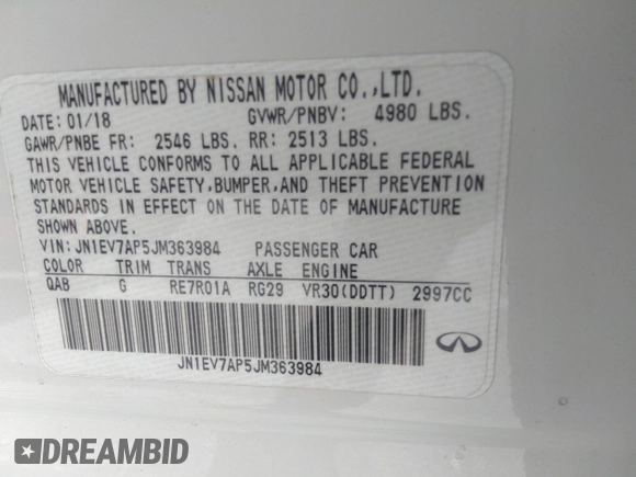 2018 Infiniti Q50 Luxe with VIN JN1EV7AP5JM363984, listed as a IAAI auction lot 42397186 with 33,113 mi miles and . Bid and sale history available at DreamBid. Image 9.