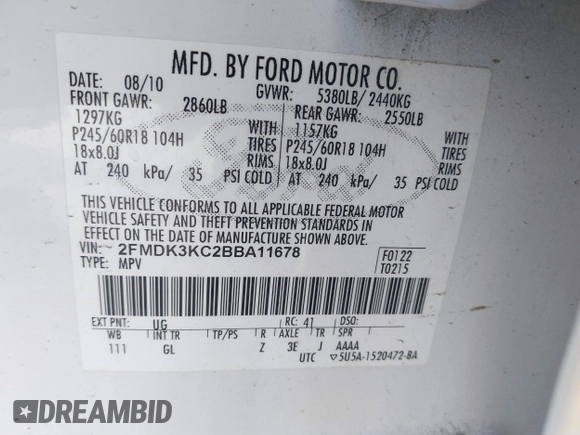 2011 Ford Edge Limited with VIN 2FMDK3KC2BBA11678, listed as a IAAI auction lot 41045879 with 315,396 mi miles. Bid and sale history available at carsss.com. Image 9.