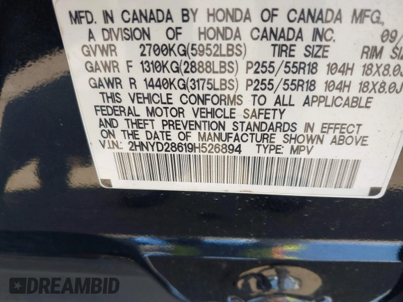 2009 Acura MDX Tech Pkg with VIN 2HNYD28619H526894, listed as a IAAI auction lot 42104576 with 199,384 mi miles. Bid and sale history available at carsss.com. Image 9.