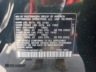 2021 Volkswagen Atlas SEL Premium R-Line with VIN 1V2FR2CA1MC500123, listed as a Copart auction lot 56912575 with 57,054 mi miles and Salvage title. Bid and sale history available at DreamBid. Image 12.