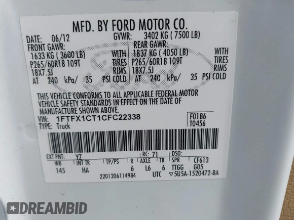 2012 Ford F-150 XL with VIN 1FTFX1CT1CFC22338, listed as a IAAI auction lot 42086676 with 167,401 mi miles. Bid and sale history available at carsss.com. Image 9.