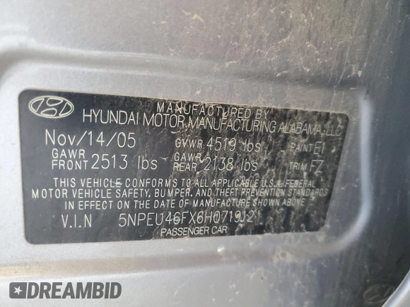 2006 Hyundai Sonata GLS with VIN 5NPEU46FX6H071912, listed as a Copart auction lot 52055095 with 154,280 mi miles and Salvage Title. Bid and sale history available at DreamBid. Image 12.