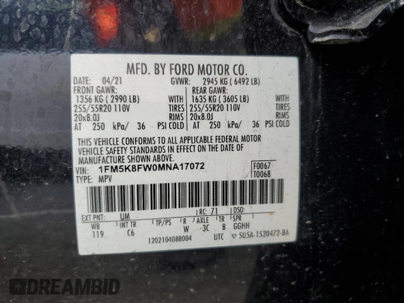 2021 Ford Explorer Limited with VIN 1FM5K8FW0MNA17072, listed as a Copart auction lot 60516975 with 45,786 mi miles and Salvage title. Bid and sale history available at DreamBid. Image 13.