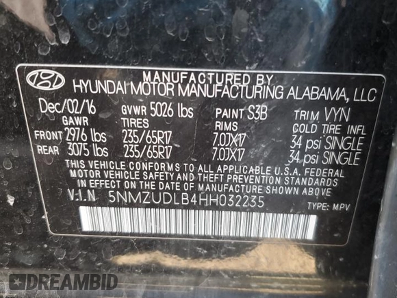 2017 Hyundai Santa Fe 2.4L z VIN 5NMZUDLB4HH032235, wystawiony jako Copart lot #49769775 z przebiegiem 102 655 mil mil oraz Szkoda całkowita • Salvage title. Historia ofert i sprzedaży dostępna na DreamBid. Obrazek 15.