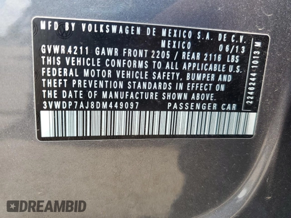 2013 Volkswagen Jetta SE with VIN 3VWDP7AJ8DM449097, listed as a Copart auction lot 62155135 with 130,266 mi miles and Salvage title. Bid and sale history available at DreamBid. Image 12.
