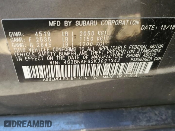 2019 Subaru Legacy Premium with VIN 4S3BNAF63K3021342, listed as a Copart auction lot 44500983 with 41,692 mi miles. Bid and sale history available at carsss.com. Image 12.