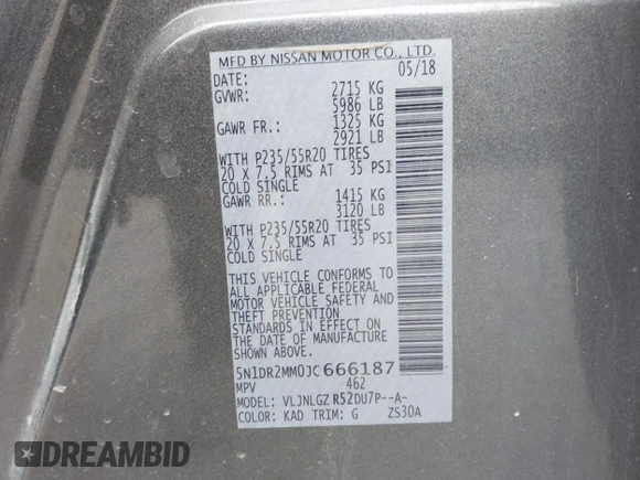 2018 Nissan Pathfinder SV z VIN 5N1DR2MM0JC666187, wystawiony jako IAAI lot #41996028 z przebiegiem 103 414 mil mil oraz . Historia ofert i sprzedaży dostępna na DreamBid. Obrazek 9.