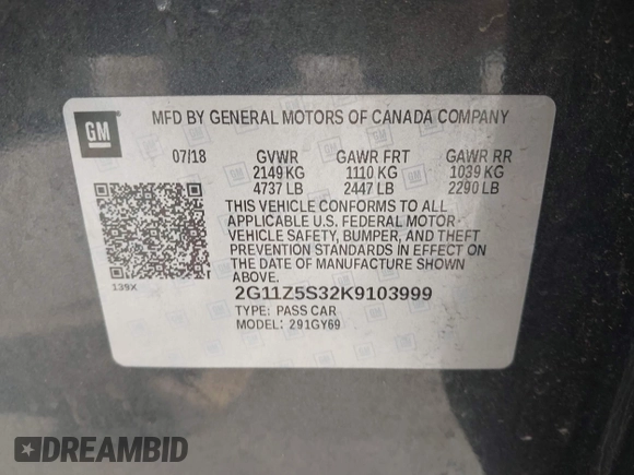 2019 Chevrolet Impala LT with VIN 2G11Z5S32K9103999, listed as a IAAI auction lot 42027808 with 139,111 mi miles and . Bid and sale history available at DreamBid. Image 9.