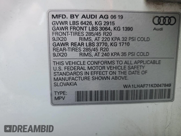 2019 Audi Q7 Premium Plus with VIN WA1LHAF71KD047849, listed as a Copart auction lot 64418045 with 59,686 mi miles and Salvage title. Bid and sale history available at DreamBid. Image 13.