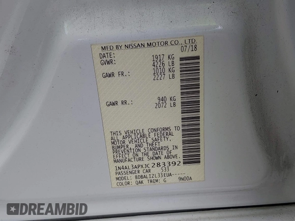 2018 Nissan Altima SR with VIN 1N4AL3APXJC283392, listed as a IAAI auction lot 41214643 with 126,720 mi miles and . Bid and sale history available at DreamBid. Image 9.