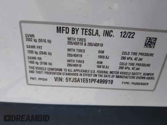 2023 Tesla Model S with VIN 5YJSA1E51PF499919, listed as a IAAI auction lot 42459166 with 6,612 mi miles and . Bid and sale history available at DreamBid. Image 9.