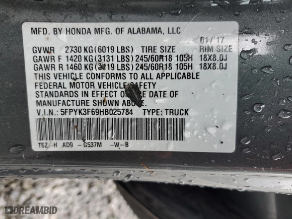 2017 Honda Ridgeline RTL-T with VIN 5FPYK3F69HB025784, listed as a Copart auction lot 48189915 with 164,176 mi miles and Salvage Title. Bid and sale history available at carsss.com. Image 12.