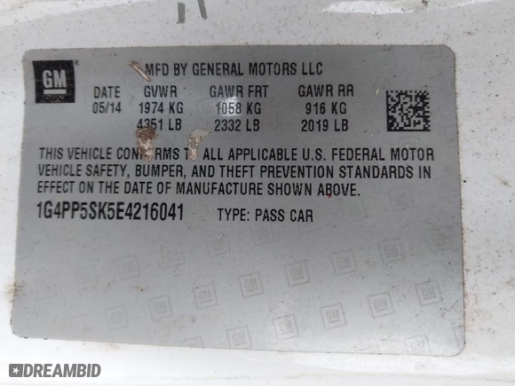 2014 Buick Verano with VIN 1G4PP5SK5E4216041, listed as a IAAI auction lot 41379823 with 172,889 mi miles. Bid and sale history available at carsss.com. Image 9.
