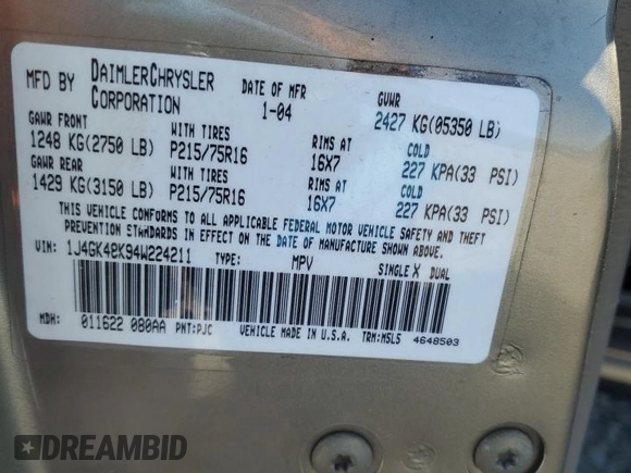 2004 Jeep Liberty Sport with VIN 1J4GK48K94W224211, listed as a Copart auction lot 53194535 with 219,797 mi miles and Salvage Title. Bid and sale history available at DreamBid. Image 13.